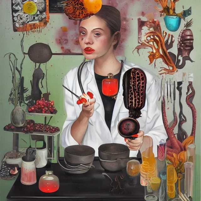 Prompt: dark kitchen of an art student, portrait of a female transhuman holding a brain, feminine, organic, japanese pottery, digital medical equipment, tropical houseplants, test tubes, honey dripping from ceiling, berries dripping juice, pancakes, pomegranate, berries, octopus, scientific glassware, neo - expressionism, surrealism, acrylic and spray paint and oilstick on canvas