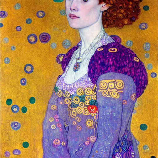 Image similar to An angelic woman with short red hair in light blue garbs by Gustav Klimt, ornate purple background, detailed