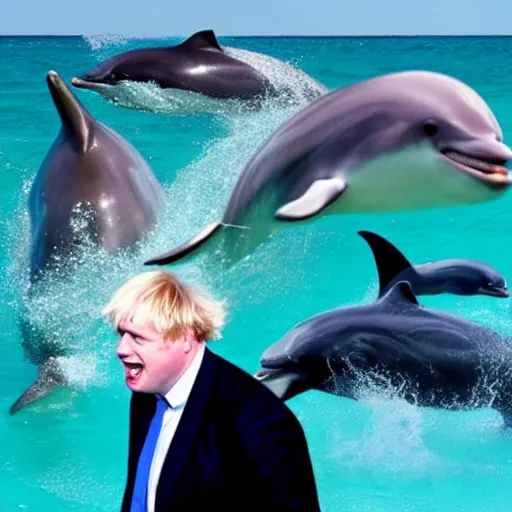 Prompt: Boris Johnson getting attacked by a pod of dolphins at sea world