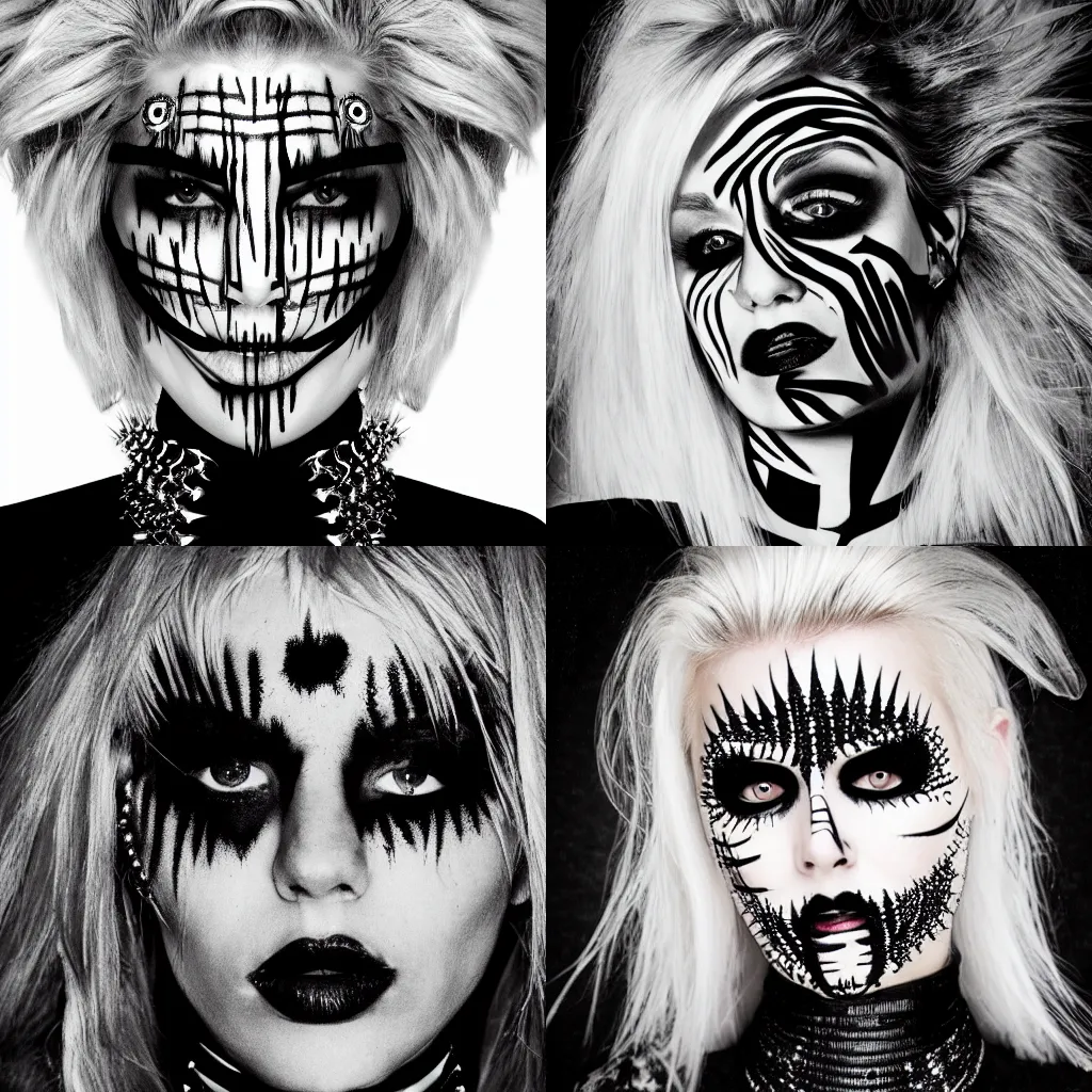 Prompt: blonde woman wearing a spiked choker with digitally drawn on abstract scary black markings all over her face, black and white photo, album art