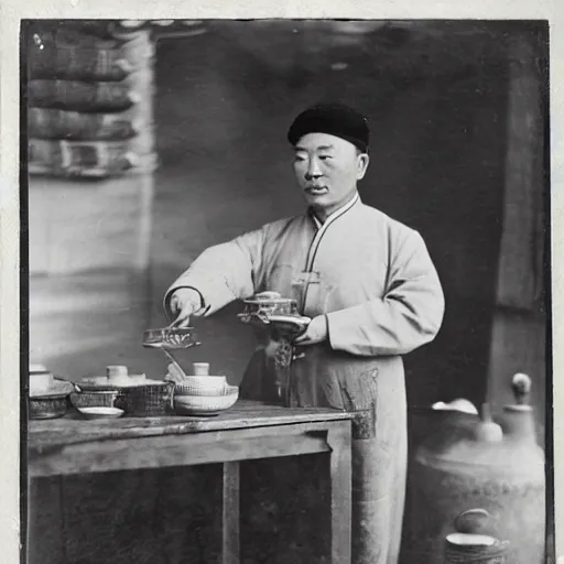 Image similar to Portrait of a 19th century Chinese man preparing a ginseng tea in an old traditional Chinese medicine store, 1900s photography