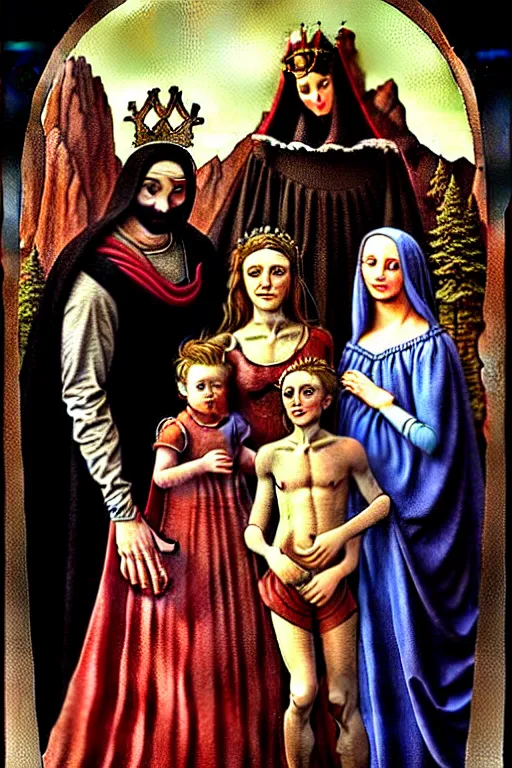 Image similar to renaissance style creepy family, wearing a crown and a cape, dark background, by richard corben