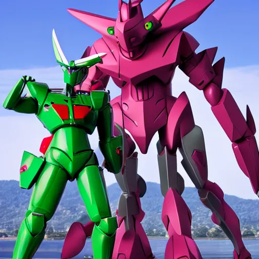 Image similar to EVA 01 fights with Kaiju from Pacific Region