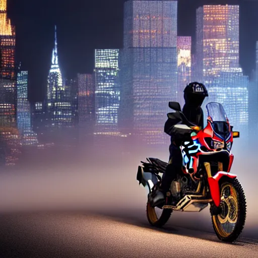 Image similar to honda africa twin at night view of new york in heavy mist, highly detailed, cinematic, hyperrealistic, artstation, concept art