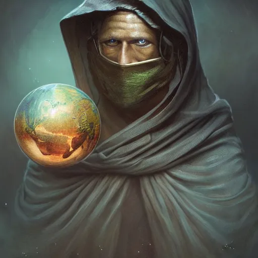 Image similar to masked nomad male wearing a cloak on an alien world and holding a holographic planet projection in his hand, detailed, sci - fi, digital painting, artstation, sharp focus, illustration, ominous, artgerm, tomasz alen kopera, peter mohrbacher, donato giancola, joseph christian leyendecker, wlop, frank frazetta