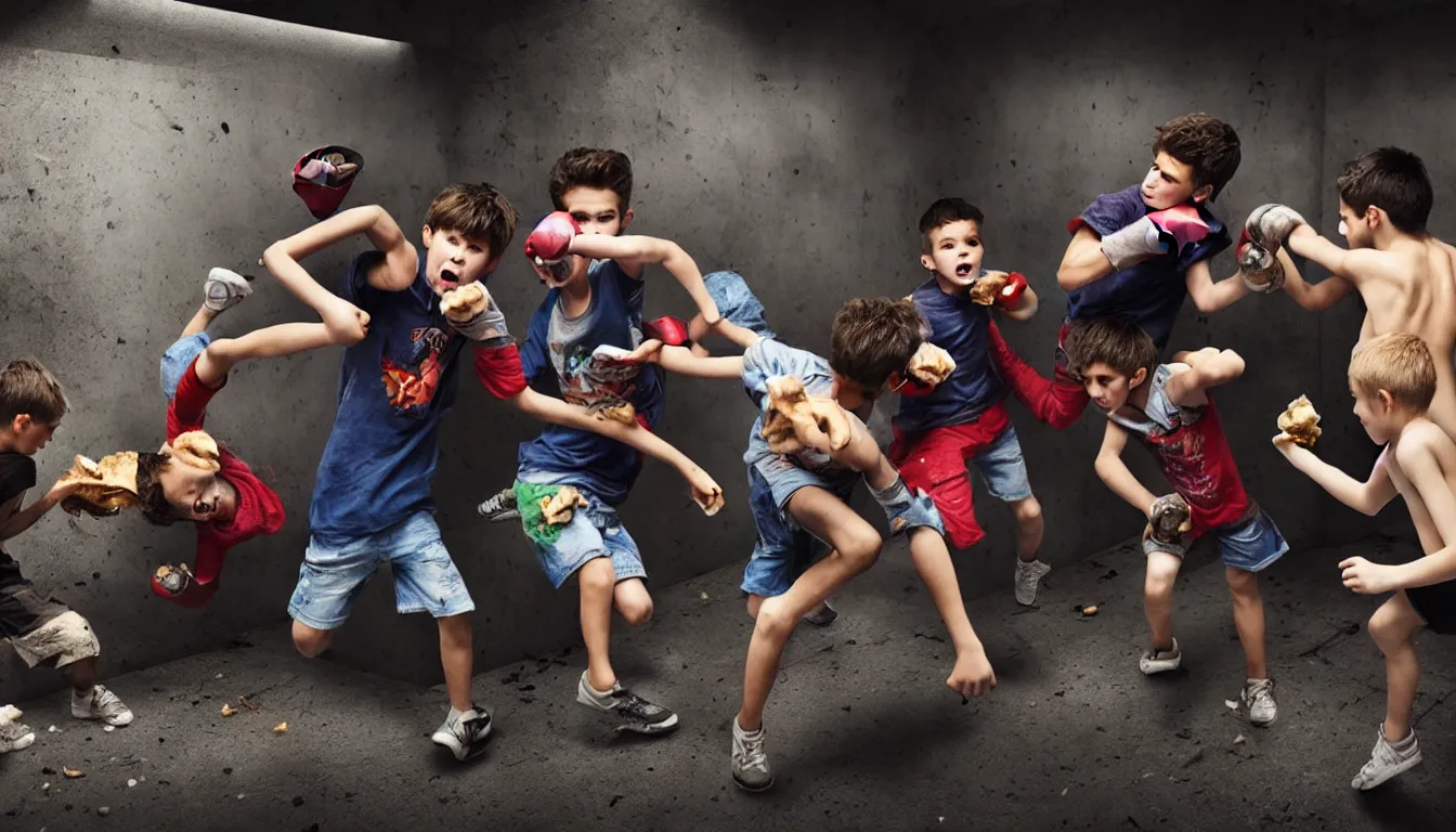 Prompt: kids fighting in a squalid subway over half eaten fast food, hyper realistic photo, full colour, upscale, 8 k