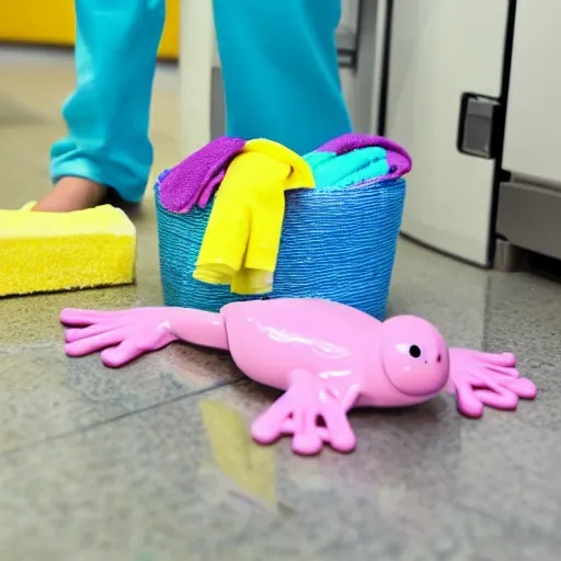 Image similar to plastic toy frog cleaning up the laundromat, pastel colors