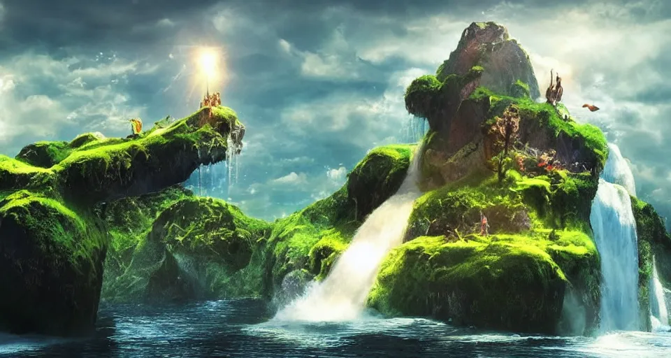 Image similar to A magnificent floating island in the sky above the sea, defying gravity, floating and flying island, waterfall, epic lighting, epic composition, highly detailed