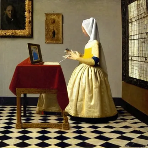Image similar to painting of a royal female robot using a computer by Vermeer, Dutch Golden Age
