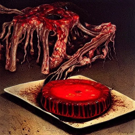 Image similar to meat jelly aspic on bone plate, incenerate painting by david cronenberg, beksinski, bernie wrightson, trending on artstation, horror film, creepypasta