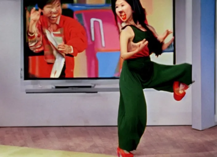 Prompt: Funny TV show in 90s. Color VHS footage. An Asian woman dancing on stage in the TV studio.