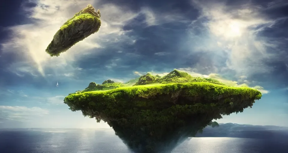 Image similar to A magnificent floating island in the sky above the sea, defying gravity, floating and flying island, epic lighting, epic composition, highly detailed