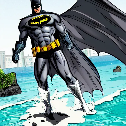 Image similar to batman at the beach swimming in the sea, comic art style, digital art, highly detailed, art station, photo realistic