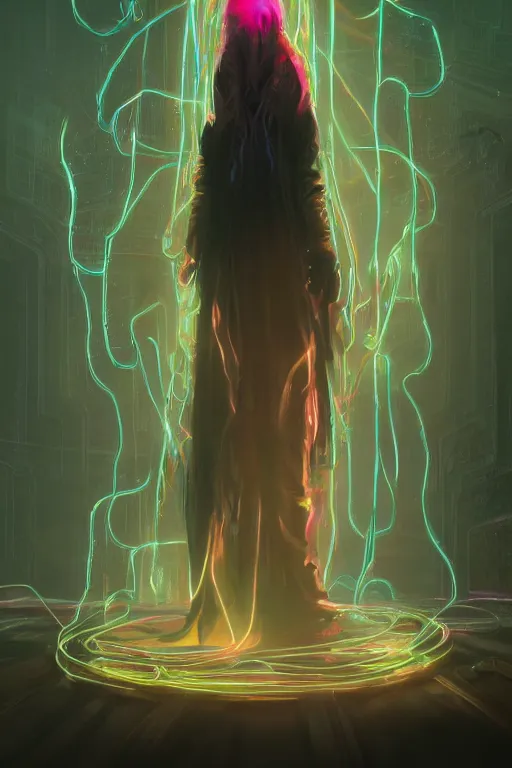 Prompt: portrait of cloaked creature wielding neon chains whips, visible aura of madness distorting the surroundings, occult details, greg rutkowski style, high quality, 8 k,