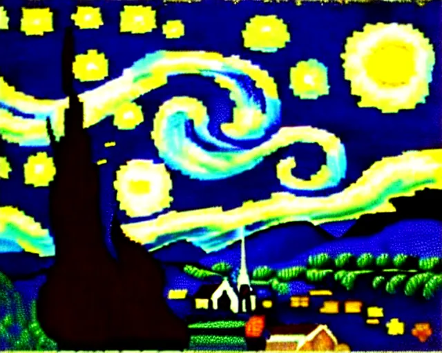 Prompt: Starry Night by van Gogh, re imagined as 8 bit pixel art. Red green and black color scheme