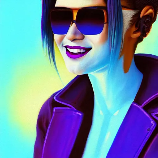 Image similar to closeup painting of a very beautiful young mexican cyberpunk woman with a smile, light blue retro slotted shades, and a purple coloured leather jacket, one side haircut, long brown hair with light blue ends, portrait, sci - fi, hyperdetailed, artstation, cgsociety, synthwave by tangerine dream, by jean - michel jarre, by vangelis, by john carpenter