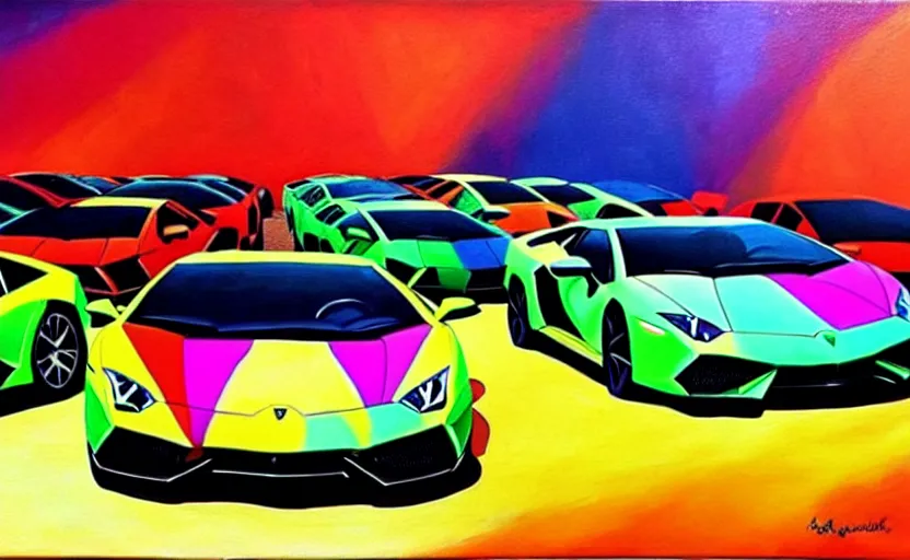 Image similar to a surreal colourful painting of a lamborghini surrounded by very very impressive female models