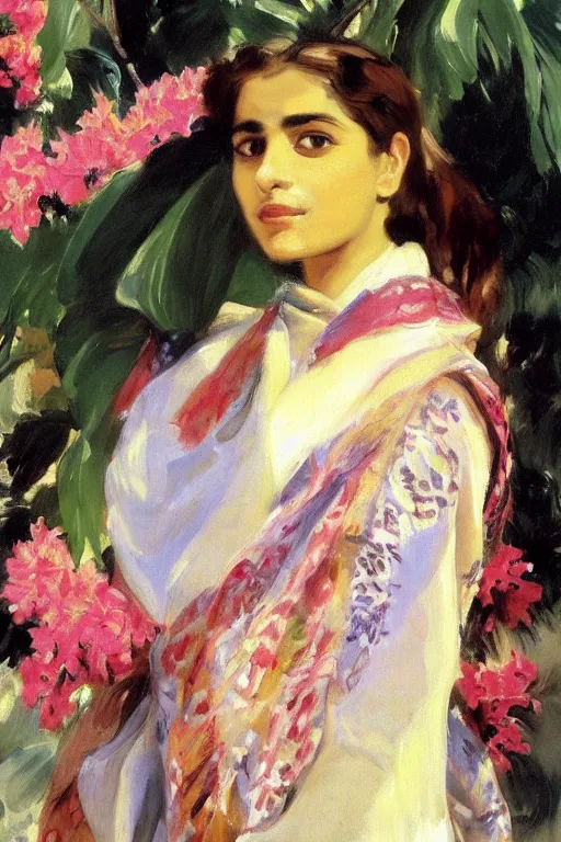 Image similar to portrait of persian girl with arabesque scarf near bougainvillea and palms, painting by john singer sargent