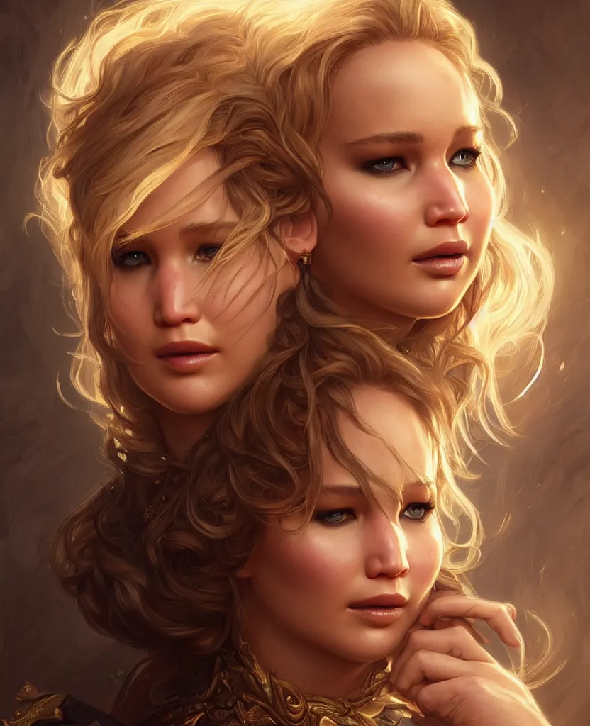 Image similar to Jennifer Lawrence, closeup, D&D, fantasy, intricate, elegant, highly detailed, digital painting, artstation, concept art, matte, sharp focus, illustration, hearthstone, art by Artgerm and Greg Rutkowski and Alphonse Mucha