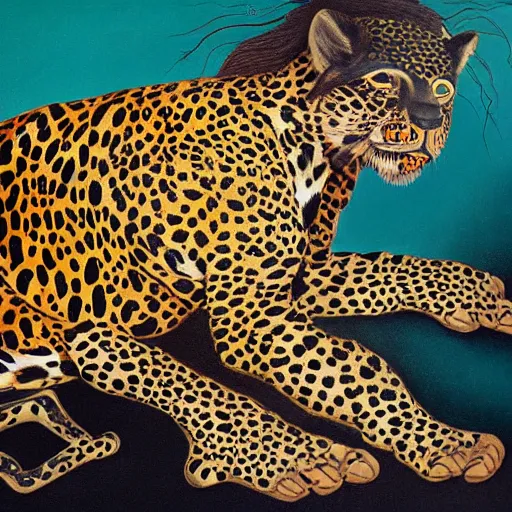 Image similar to an intricated and detailed painting of a shaman turning into a jaguar by salvador dali 4 k render