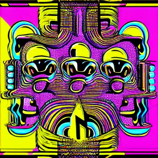 Prompt: acid house music rave graphics psychedelic illustration in the style of david rudnick, eric hu, smiley, trippy, ecstasy, dnb, jungle