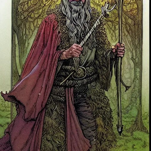 Prompt: a realistic and atmospheric high fantasy portrait of bill murray as a mystical druidic warrior wizard doing an arcane pagan ritual by rebecca guay, michael kaluta, charles vess and jean moebius giraud