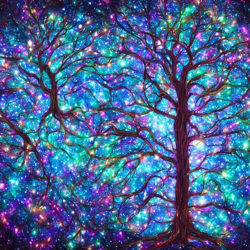 Image similar to cosmic tree of life made of stars, center composition, cinematic, trending on artstation, low level, 4K UHD image,