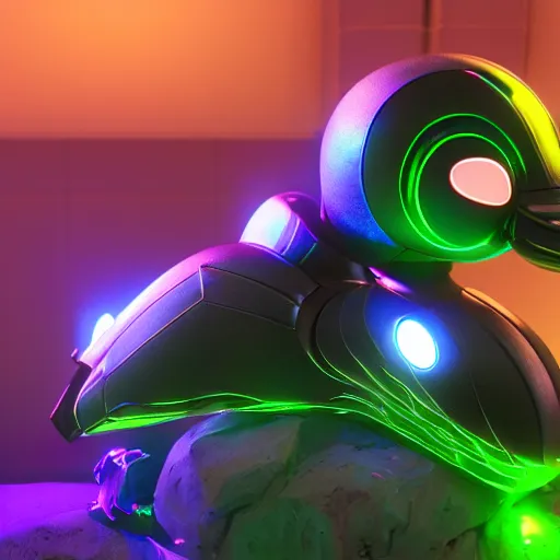 Image similar to a cybertronic duck,metallic, glowing, neon wings, unreal engine