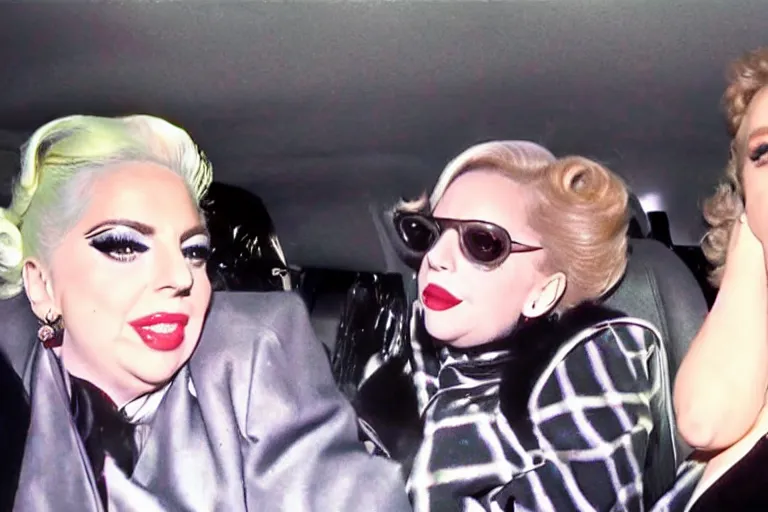 Prompt: lady gaga and judy garland doing carpool karaoke, lady gaga and judy garland, carpool karaoke, lady gaga, judy garland, carpool karaoke, youtube video screenshot, the late late show withjames cordon