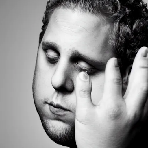 Image similar to studio photo of jonah hill being annoyed rubbing his eyes with fingers, photorealistic, frame, 50mm
