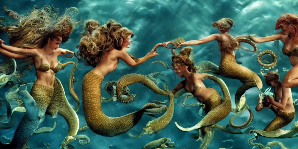 Image similar to divine group of mermaids throwing and hitting eachother with fishes and octopus, fight scene from action movie by tony scott