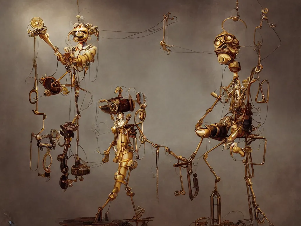 Image similar to a clockwork marionette made of fabric and gold by peter mohrbacher, photorealistic, puppet, strings, 8 k