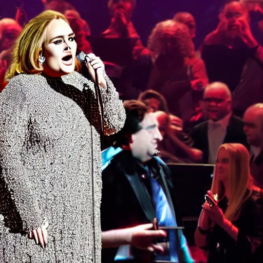 Prompt: Adele with the face of Danny Devito, concert, live performance, full body shot