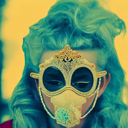 Image similar to a woman wearing a gold mask with pearls, a colorized photo by tahir salahov, pixabay contest winner, rococo, movie still, anaglyph filter, fantasy