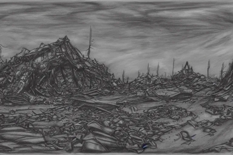 Image similar to dark black and white drawing of a wasteland scavenger
