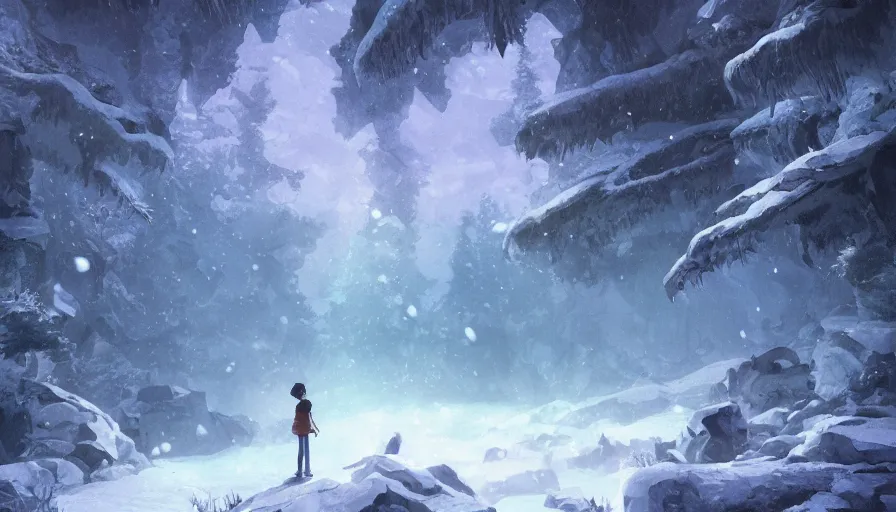 Image similar to A highly detailed digital art painting of the opening to the dragons cave in the snowy forest, shimmering cloudy sky by Studio Ghibli, Makoto Shinkai, (((Makoto Shinkai))) by Artgerm, by beeple, volumetric lighting, octane render, 4K resolution, trending on artstation, masterpiece, vivid colours