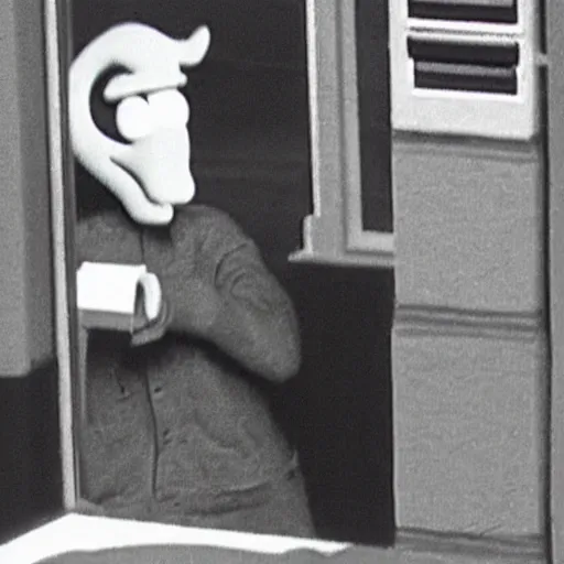 Prompt: cctv footage of squidward robbing a bank