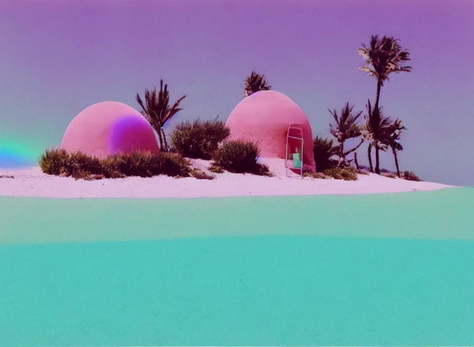 Image similar to a pastel coloured vintage family holiday photo of an empty beach from an alien dreamstate world with chalky pink iridescent!! sand, reflective lavender ocean water, dim bioluminescent plant life and an igloo shaped shiny plastic transparent festival stage and translucent festival box speakers!!. glare. refraction, volumetric light.