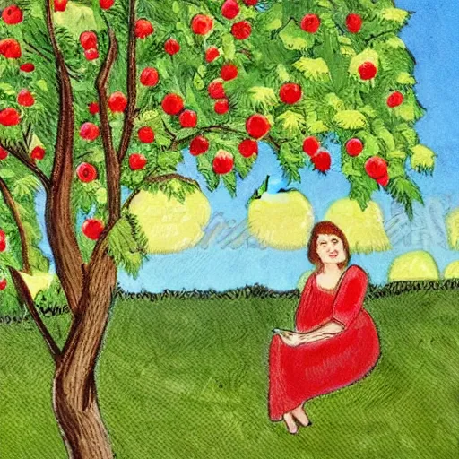 Prompt: in the style of iraklij toidze. woman sitting under an apple tree. fine detail