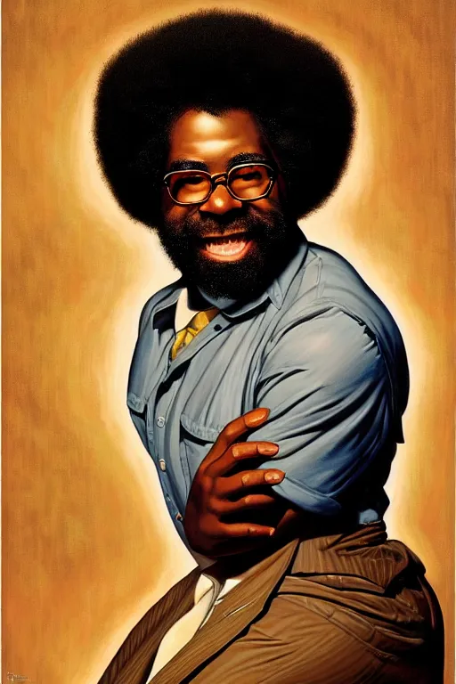 Image similar to portrait of questlove from the roots by gil elvgren and norman rockwell and rob gonsalves and hajime sorayama, hyperrealistic, high detail, ultra detailed, highly detailed face