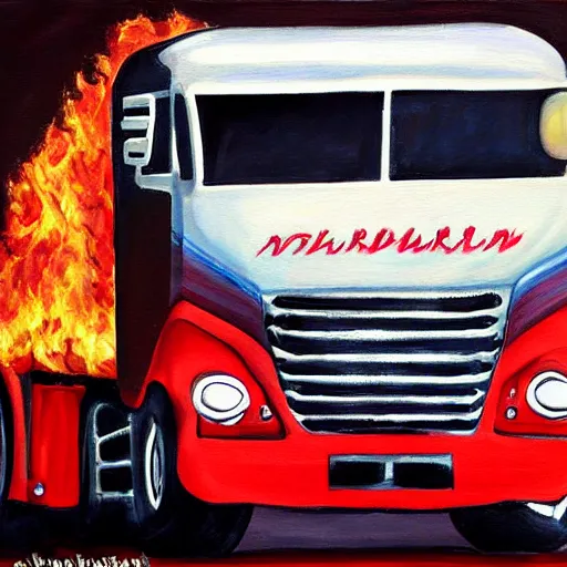 Image similar to painting of a flaming truck