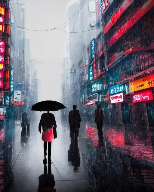 Image similar to realist digital painting of a tokyo street, night with neon signs as the main source of light, raining and lights reflecting off puddles on the street, a woman with an umbrella is walking away from us, unreal engine, hyper realism, realistic shading, cinematic composition, realistic render, octane render, detailed textures, photorealistic, ultrawide shot, 3 5 mm film