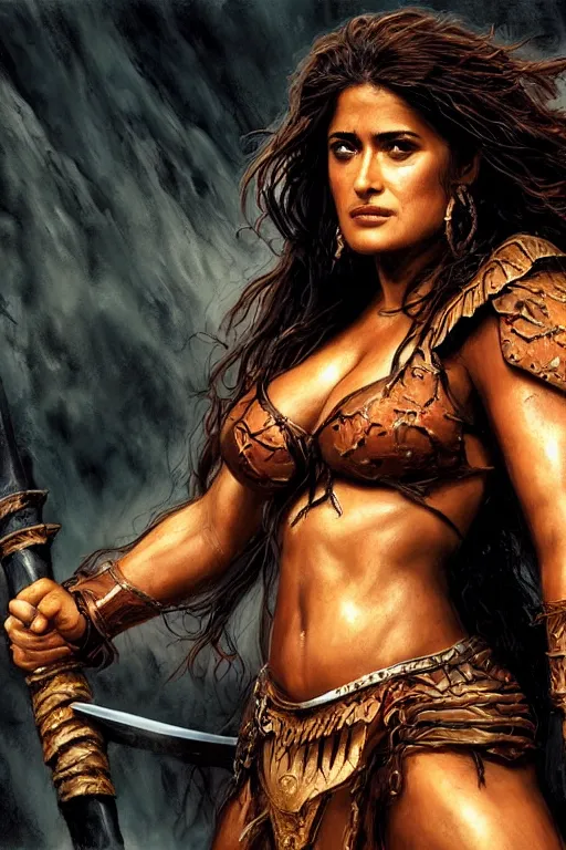 Prompt: portrait, salma hayek as a barbarian warrior, landscape, alex ross, david finch, concept art, matte painting, highly detailed, rule of thirds, dynamic lighting, cinematic, detailed, denoised, centerd