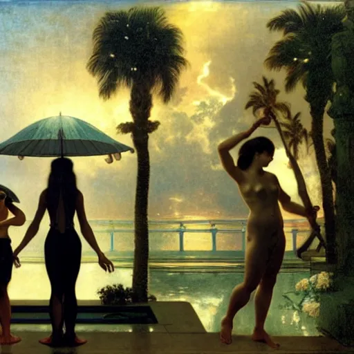 Image similar to Silhouette of five girl at the palace, thunderstorm, greek pool, beach and palm trees on the background major arcana sky, by paul delaroche, alphonse mucha and arnold böcklin arnold böcklin hyperrealistic 8k, very detailed