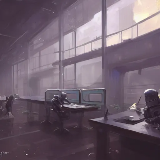 Image similar to concept art by greg rutkowski, the interior of a futuristic police station converted as a shelter, dim lighting, the windows were covered with steel plates and the desks as barricades, depressing atmosphere, scifi, digital painting, artstation, concept art, smooth, sharp foccus ilustration, artstation hq