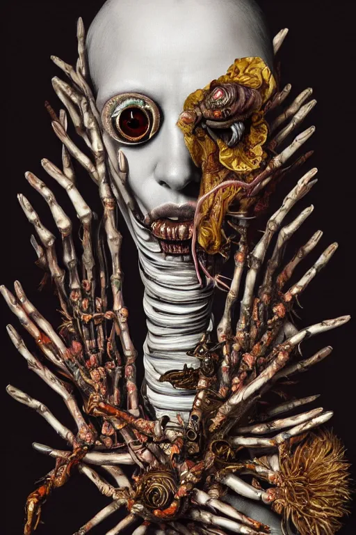 Prompt: Detailed maximalist portrait with large lips, smoking a cigarette, with large eyes, exasperated expression, skeletal with extra fleshy bits, botanical high fashion, HD mixed media 3d collage, highly detailed and intricate, surreal illustration in the style of Caravaggio, dark art, baroque