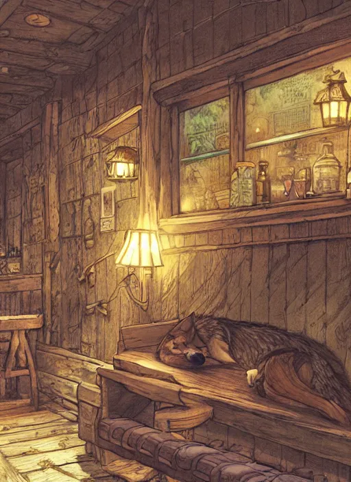 Image similar to coyote sleeping on a bench in a cozy tavern, hidari, color page, tankoban, 4K, tone mapping, Akihiko Yoshida.