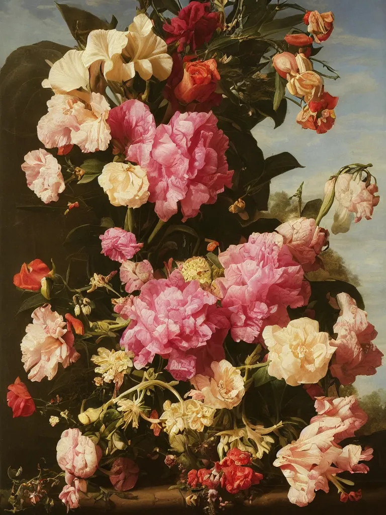 Prompt: highly detailed, realistic, still life with flowers, Dutch painting, old masters, iris, lillies, leaves, roses, peonies, marigold, roses, cherry blossoms, apple blossoms, in the style of Rachel Ruysch