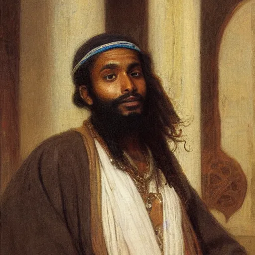 Image similar to a man with somali facial features, long curly hair, on a simple background, inside a masjid, by frederick arthur bridgman