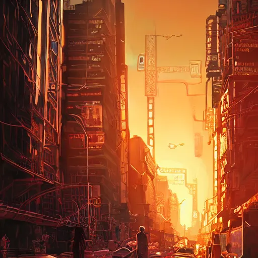 Image similar to mumbai in the future, city streets, golden hour, distopian fantasy, trending on pixiv